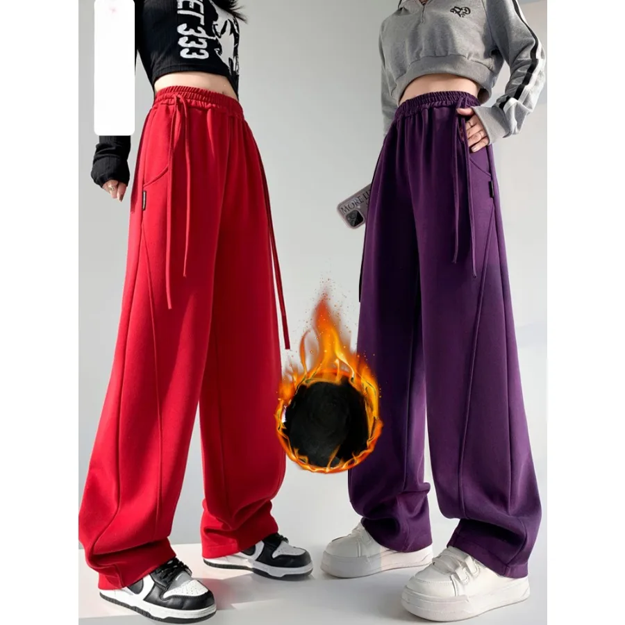 Winter Warm Fleece Lined Pant Drawstring Sweatpant with Pocket Straight Wide Leg Long Brushed Pants Women y2k Clothing Lounge