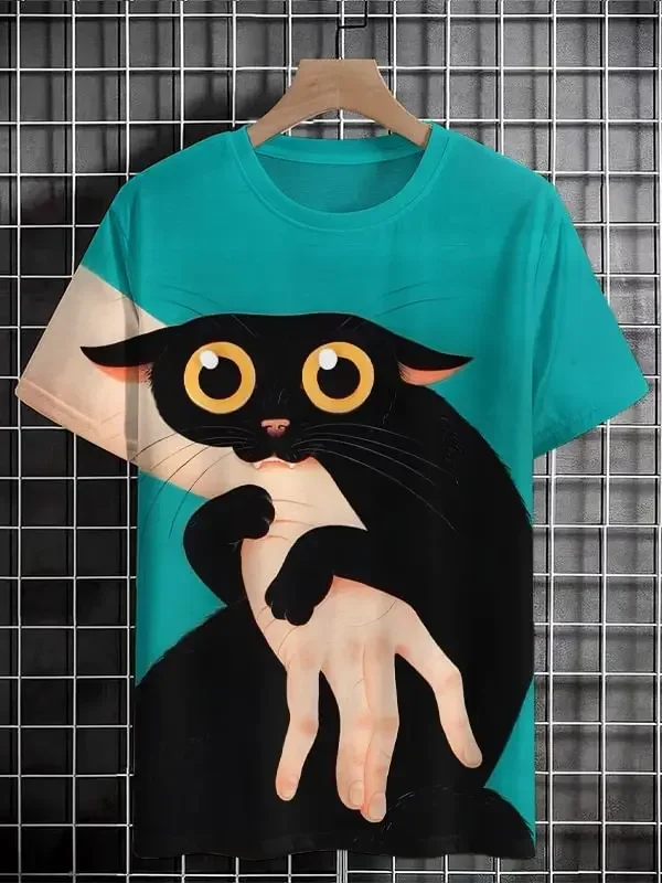 حجم كبير الكرتون الرجال تي شيرت القط الأكل البيتزا الفن ثلاثية الأبعاد بلايز الرجال النساء قصيرة الأكمام ONeck المحملة عادية الشارع Y2k ملابس علوية