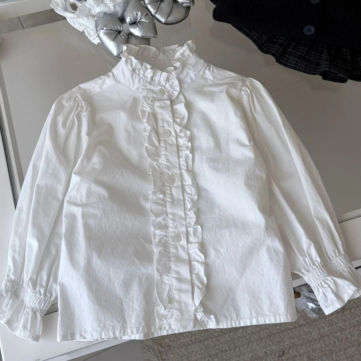

Girl's Shirt 2026 Spring and Summer New Childrens Clothing Korean Style Girl Baby Pleats Solid Color Stand Collar Shirt