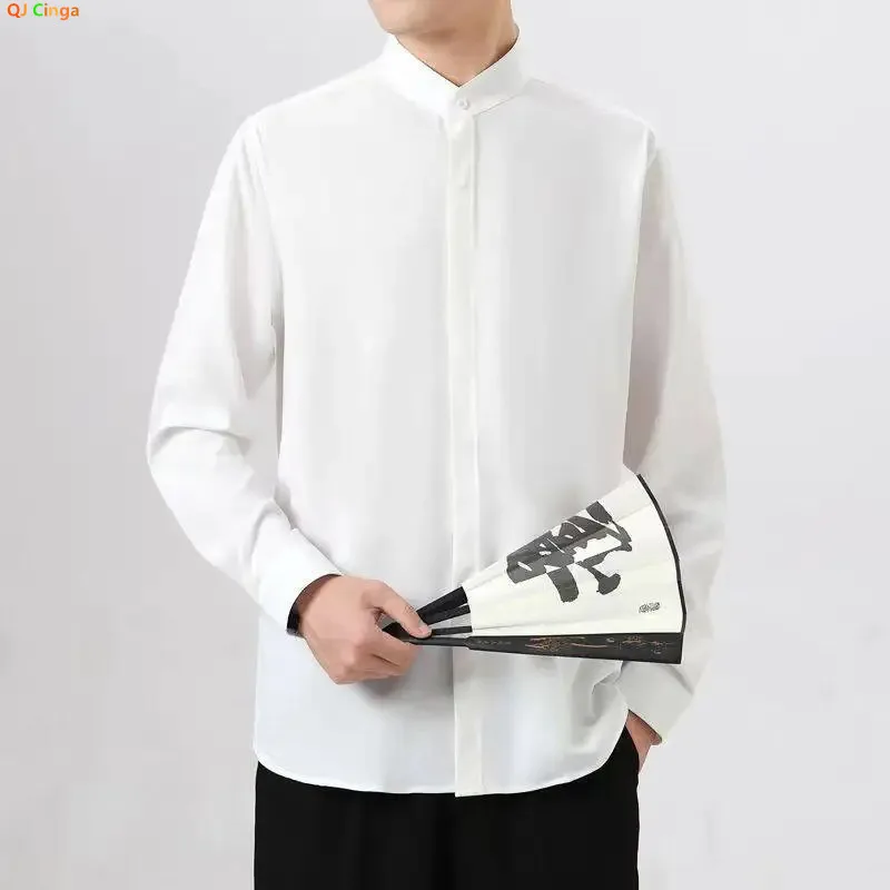 

White Men's Long-sleeved Shirt, Black Single-breasted Stand-up Collar Shirts, Business Casual Green Top.