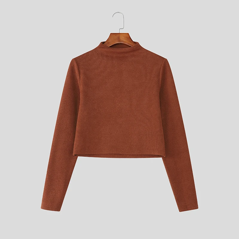 INCERUN الرجال تي شيرت بلون الياقة المدورة طويلة الأكمام محبوك الذكور المحملة القمم الشارع الشهير 2025 موضة عادية المحاصيل القمم الرجال S-3XL