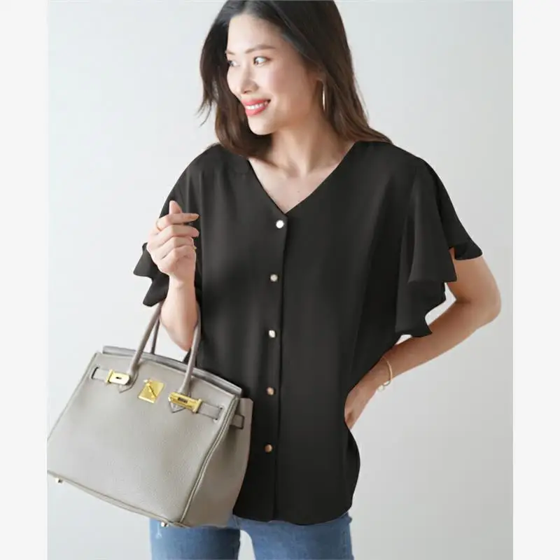Fre Pure Color ort Sve irt Estate 2023 giapponese Sle Loose Fit V-Ne Nodo misto cotone Top con finiture in pizzo