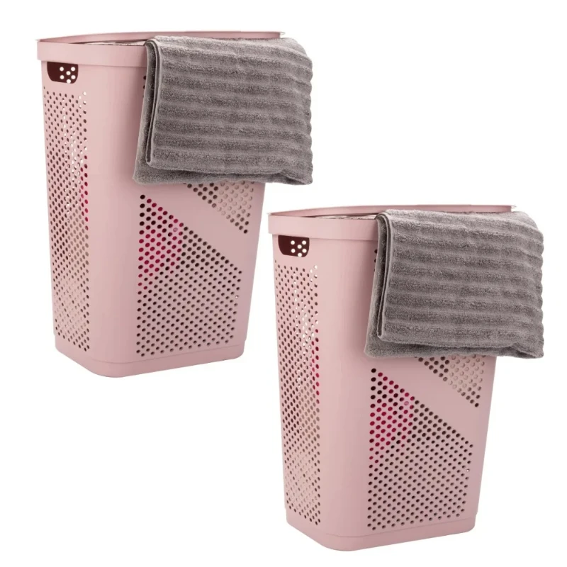 

Mind Reader Basket Collection, Laundry Hamper, 60 Liter Plastic Attached Hinged Lid, Ventilated, Set of 2, Pink