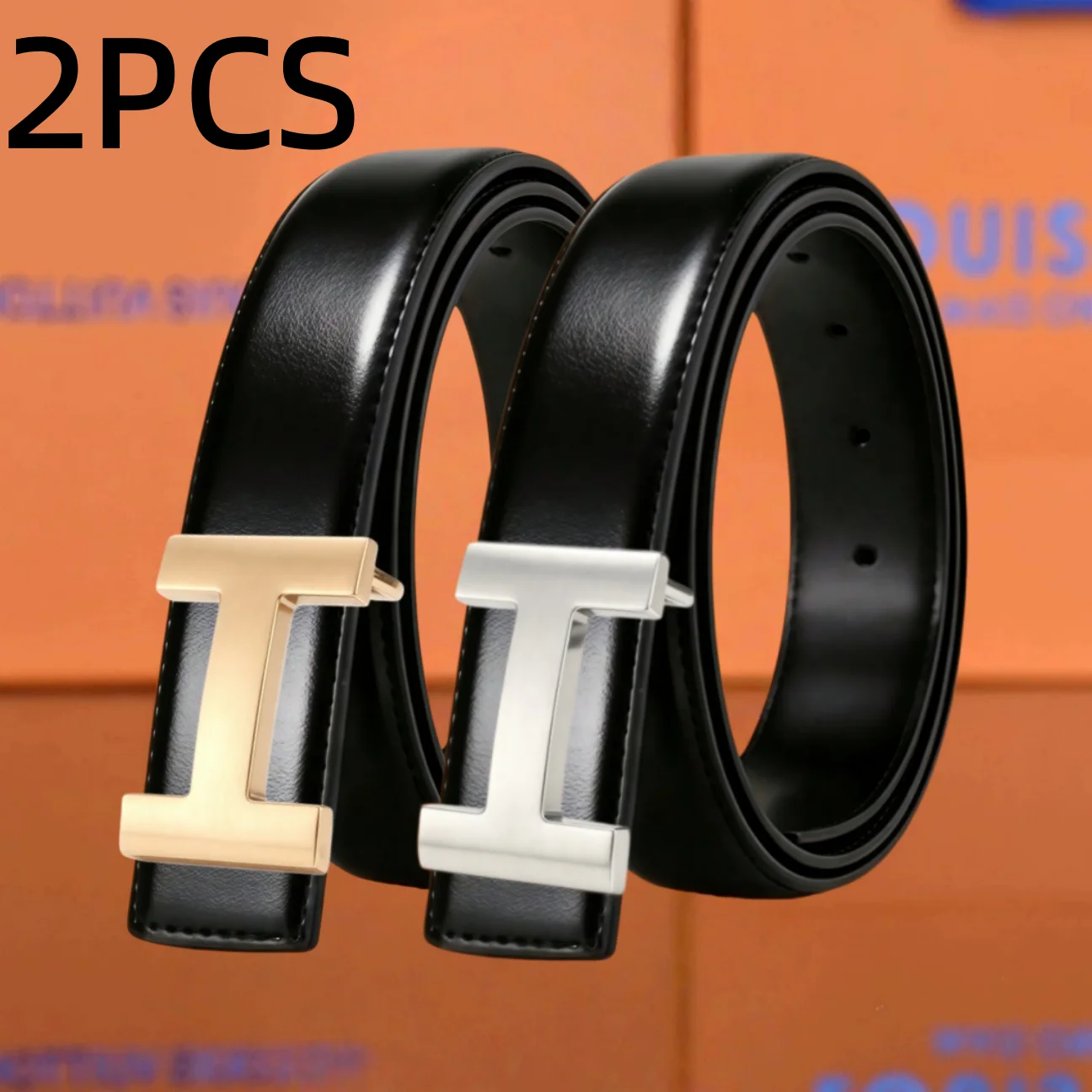 2Pcs Men Business Waist Belts, Geometric Hollow Square Metal Buckle Set, Adjustable Waist Strap for Daily Formal Business