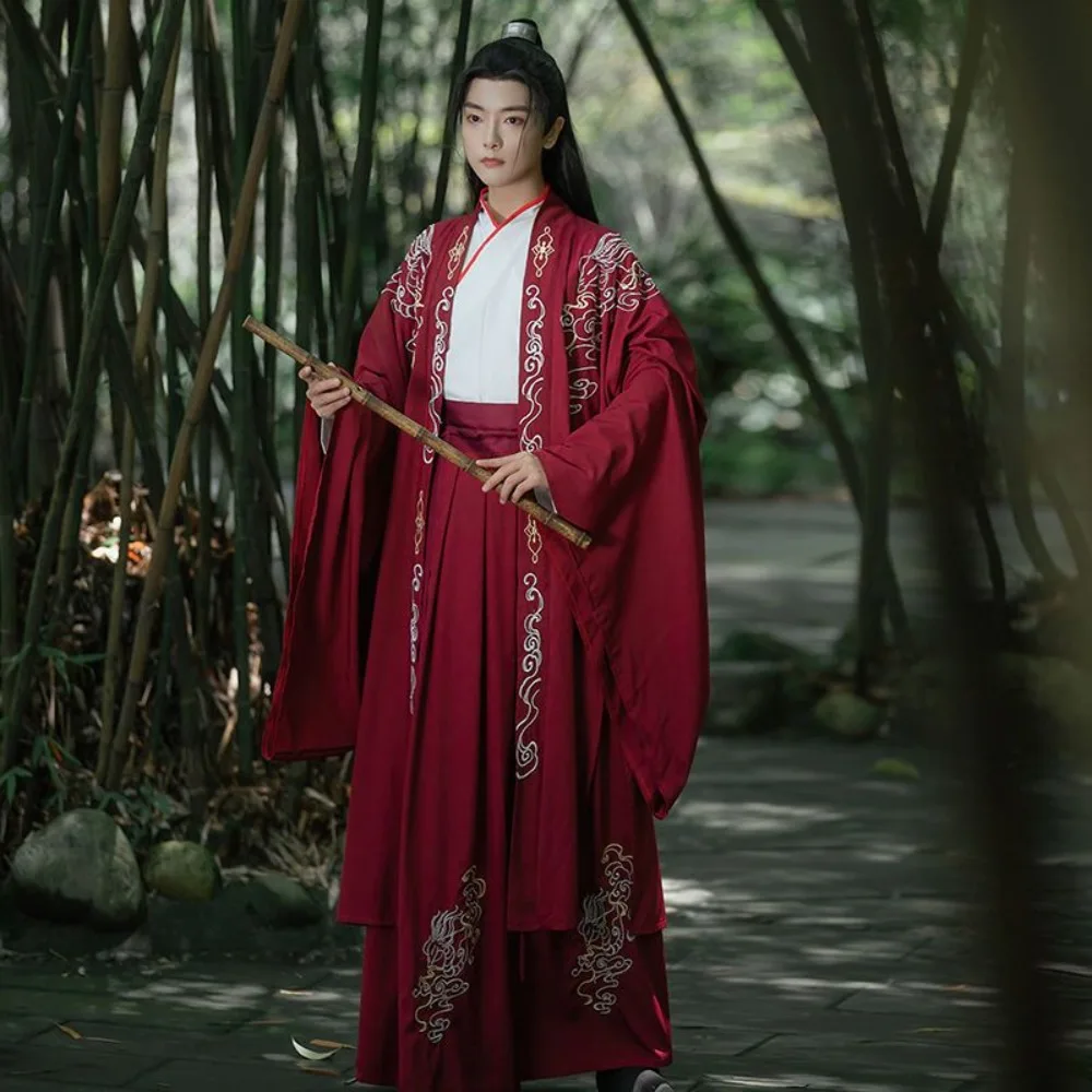 

Комплект Ханьфу для пар и студентов, костюм Вэй Цзинь с перекрестным воротником и завышенной талией, красно-синяя куртка Ханьфу для мужчин, традиционный китайский наряд