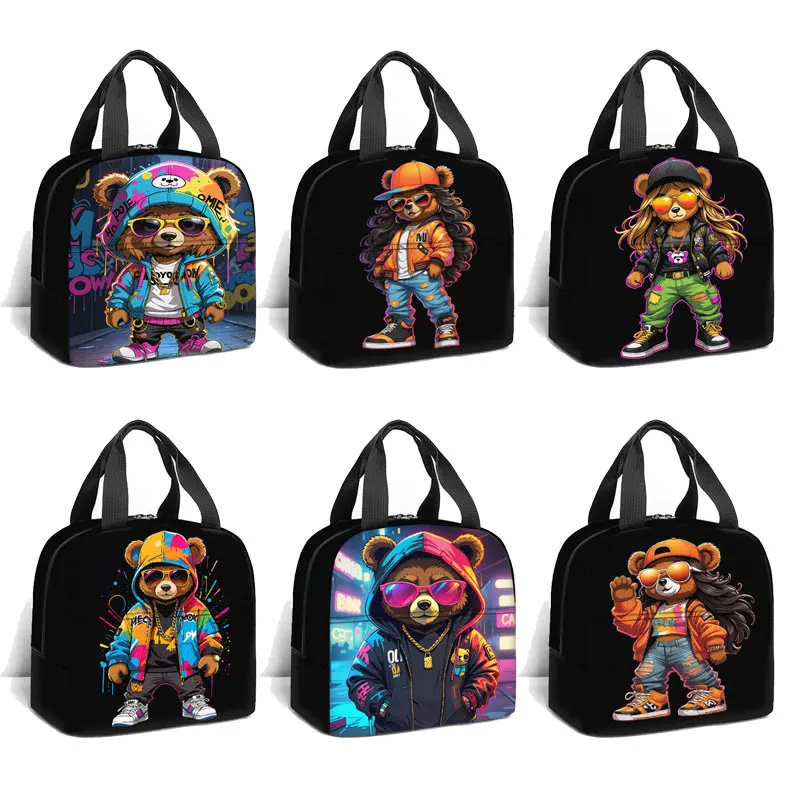 Cute Graffiti Bear Print Lunch Bag Students School Picnic Bag Food Pouch For Travel Outdoor Hiking Food Bag