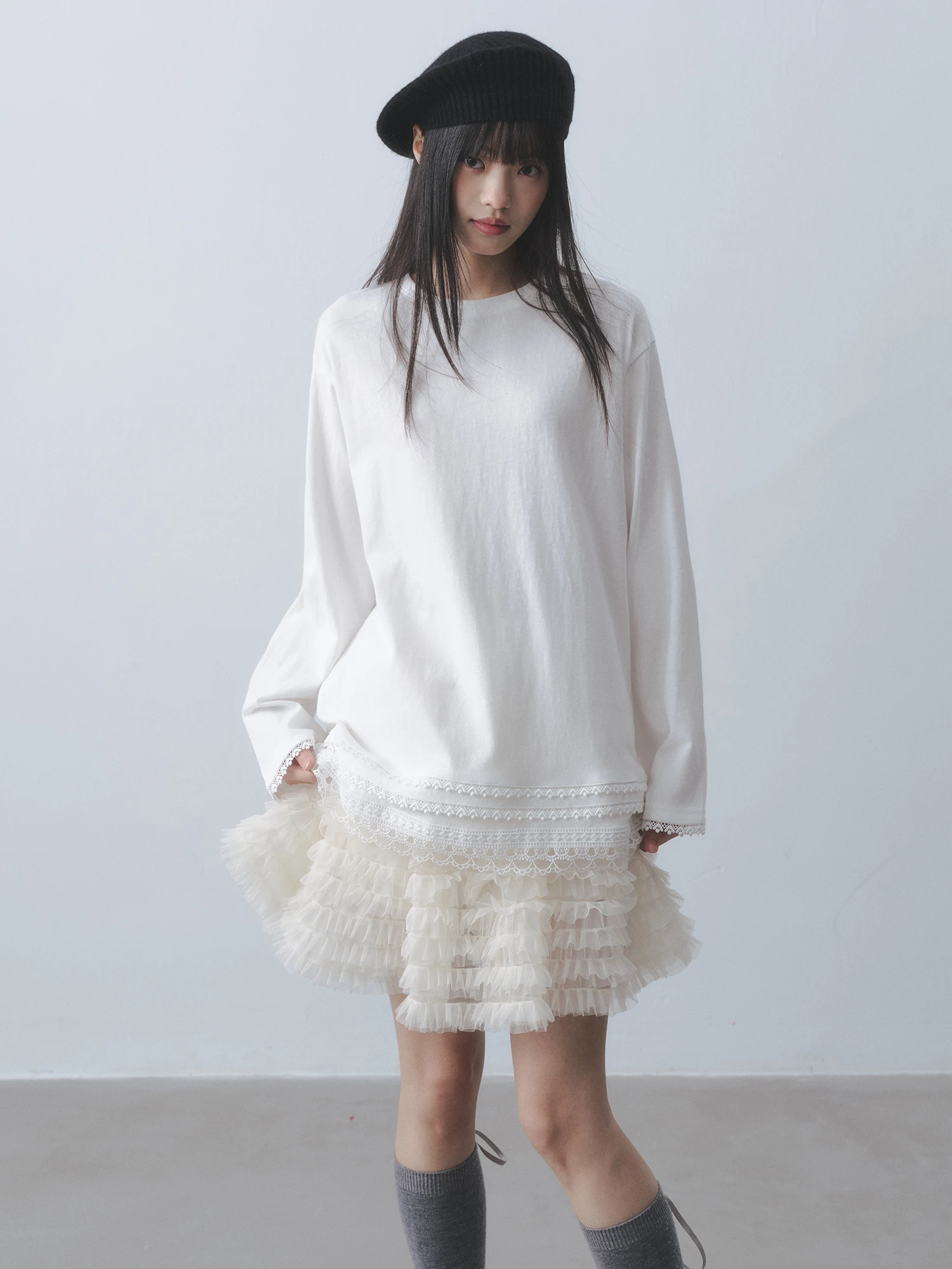 

Dirl Milk White Layered Sweet Sle Loose Hem Lace Trim Splice Design Slimming Long Sve T-irt Cotton Polyester Blend