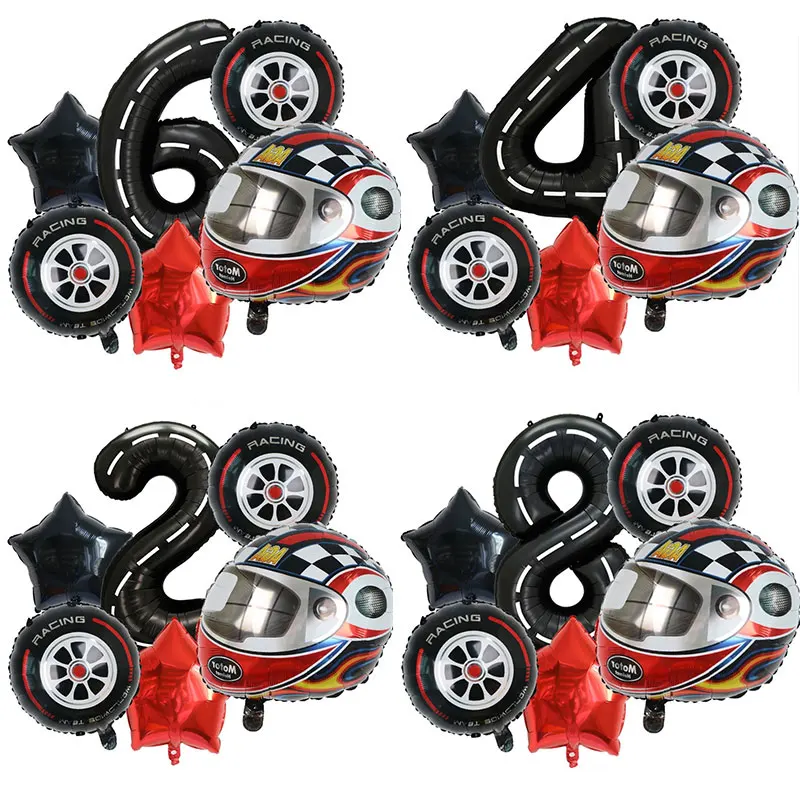 6pcs Race Car Theme Foil Balloon Wheel Helmet Balloon Birthday Theme Party Decoration Kids Boys Birthday Party Decor Supplies