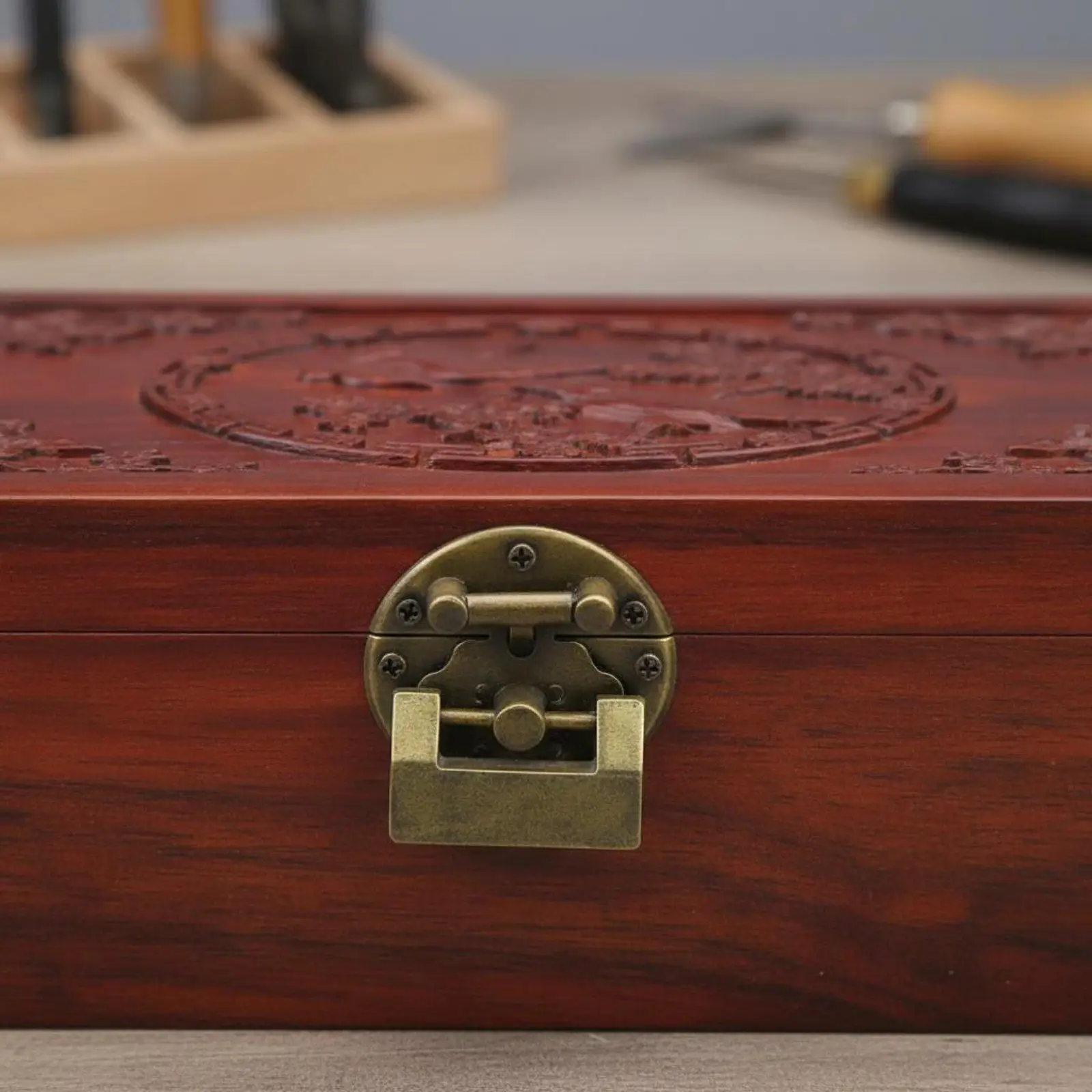 Solid Wood Jewelry Organizer Box with Dragon Bird Floral Carvings Lockable Keepsake Storage Case
