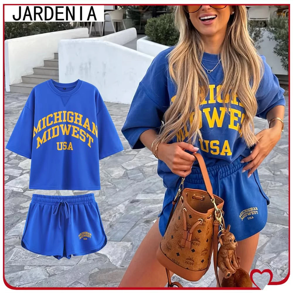 Women's Varsity Blue Short Sets with Contrasting Text Aesthetic Washed Effect Text Short Sleeve Sweatshirt and Drawstring Shorts