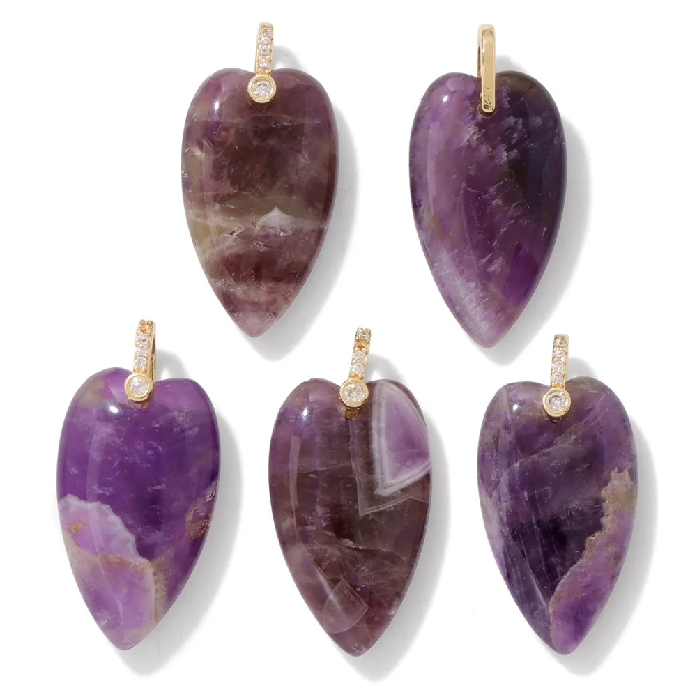2PCS Natural Stone Heart Pendants 16X27MM Polished Quartz Amethyst Lapis Lazuli Charms with CZ Bail For Jewelry Making Necklace image 3