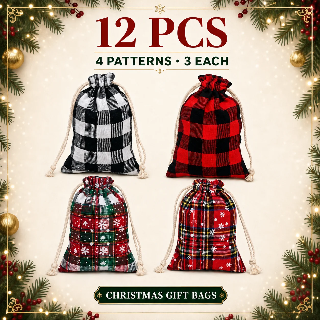 12 Bolsas de Regalo Navideñas con Cordón, 4 Diseños de Bolsas de Tela para Dulces, Bolsitas para Pequeños Regalos de Fiesta de Navidad