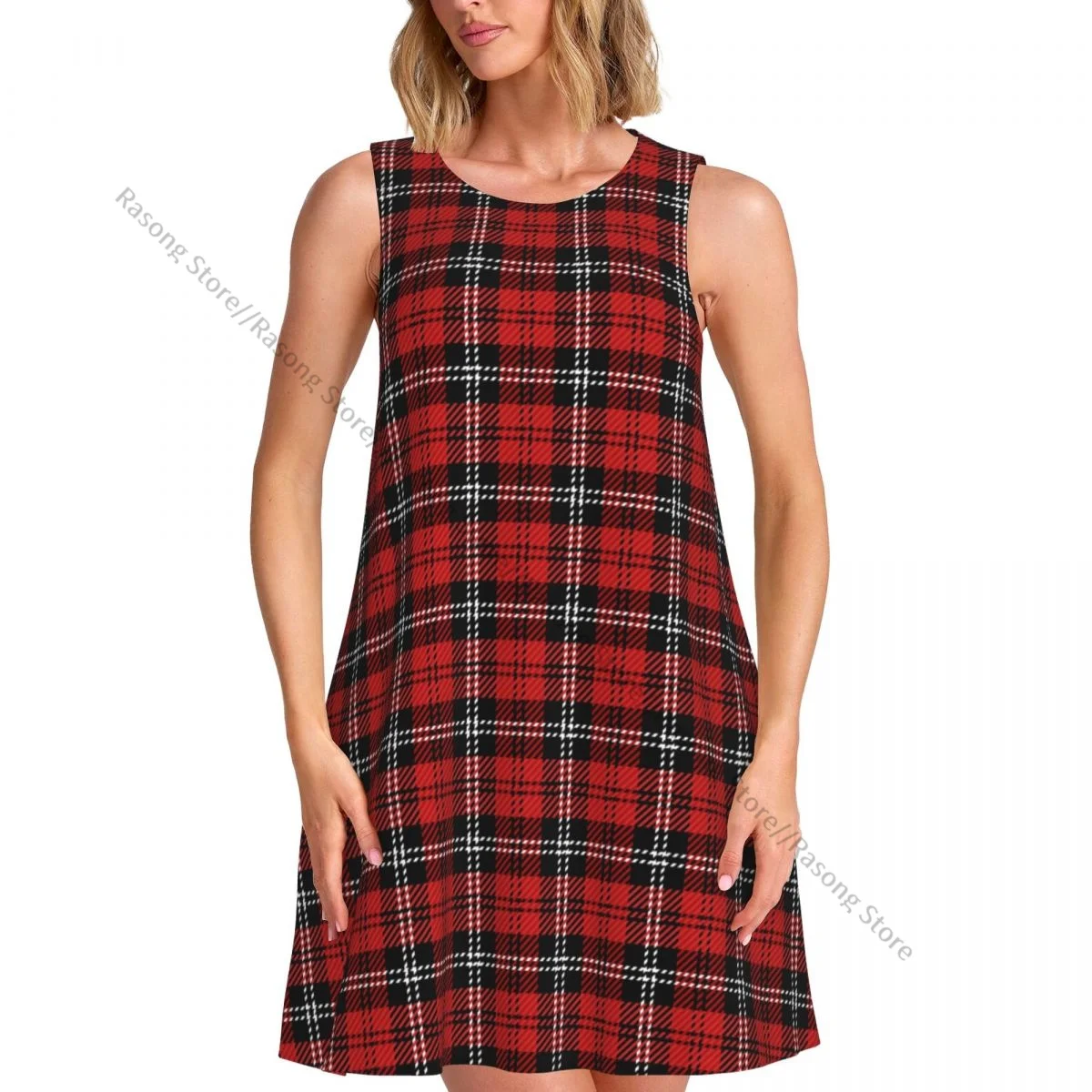 Women's Dress Christmas Tartan Plaid Scottish Pattern Summer Casual T Shirt Beach Cover up Tank Dress