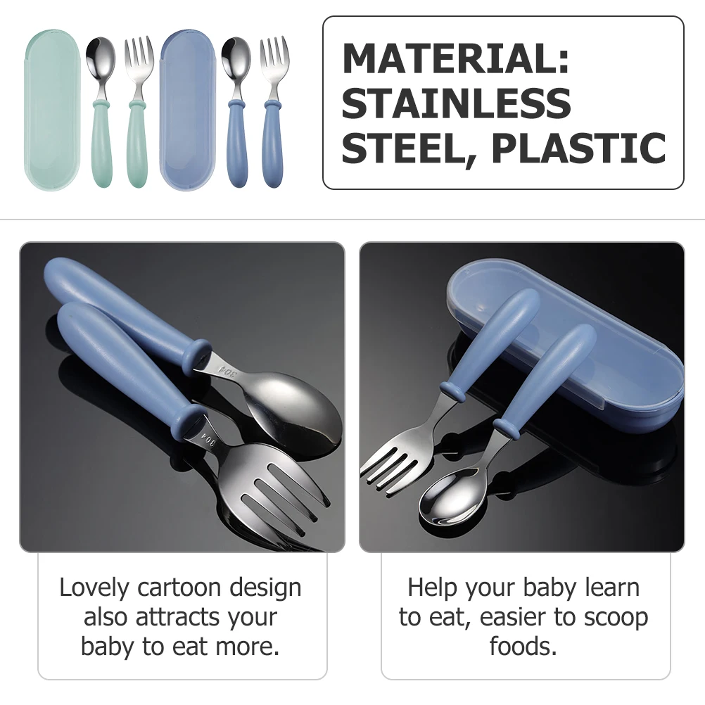 

2 Sets Stainless Steel Children Spoons Forks Cartoon Flatware Sets Anti Slip Baby Feeding Cutlery Toddler Tableware Kits Self