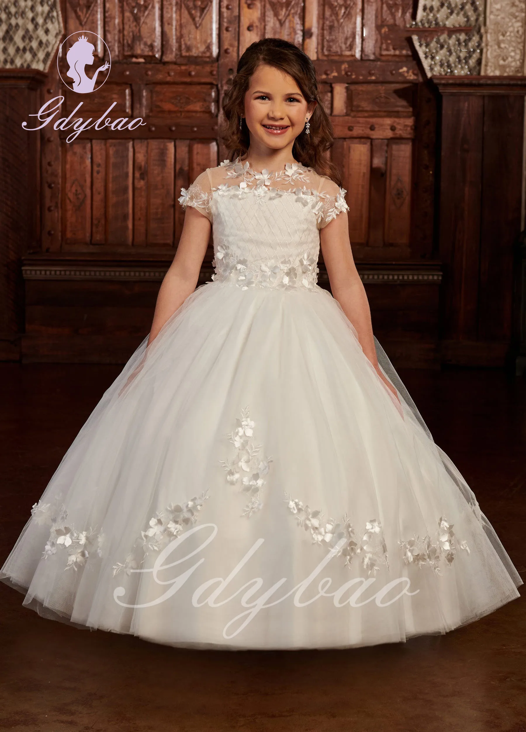 Elfenbeinfarbenes Tüll-Blumenmädchenkleid für die Hochzeit, kurze Ärmel, geschwollene Spitze, Applikation, für Kinder, Baby, Geburtstag, Party, Erstkommunion, Ballkleider