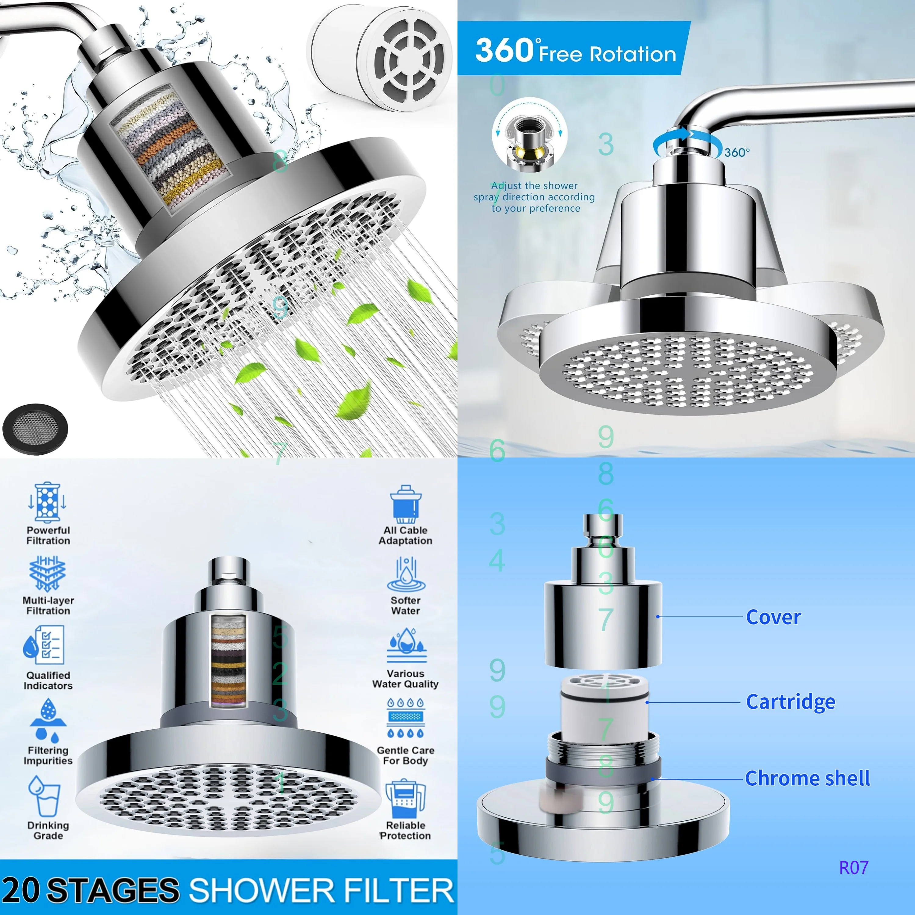 6 inch Round Shower Head with 15-20 Layer Vitamin C Filter Removable High Pressure 5