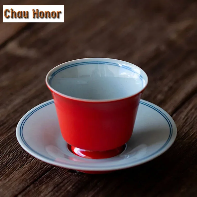 45ml Coral Red Glaze Ceramic Tea Cup With Coaster Hand-painted Double Line Single Master Cup Household Set Kung Fu Teaware Set