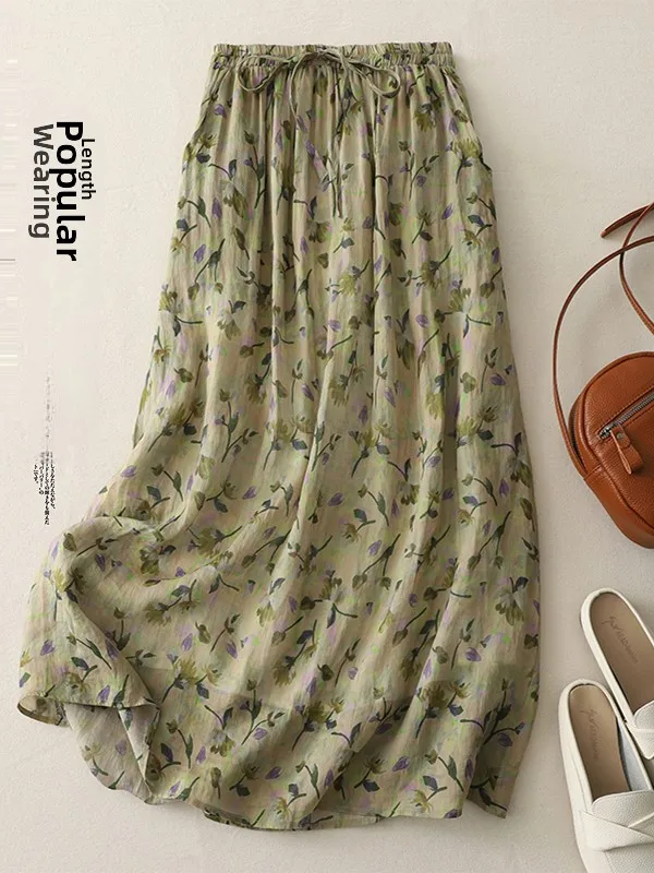 

Винтажная юбка А-силуэта с цветочным принтом, хлопок/лен, средней длины, с завышенной талией, повседневная, для девочек, летняя, китайское производство