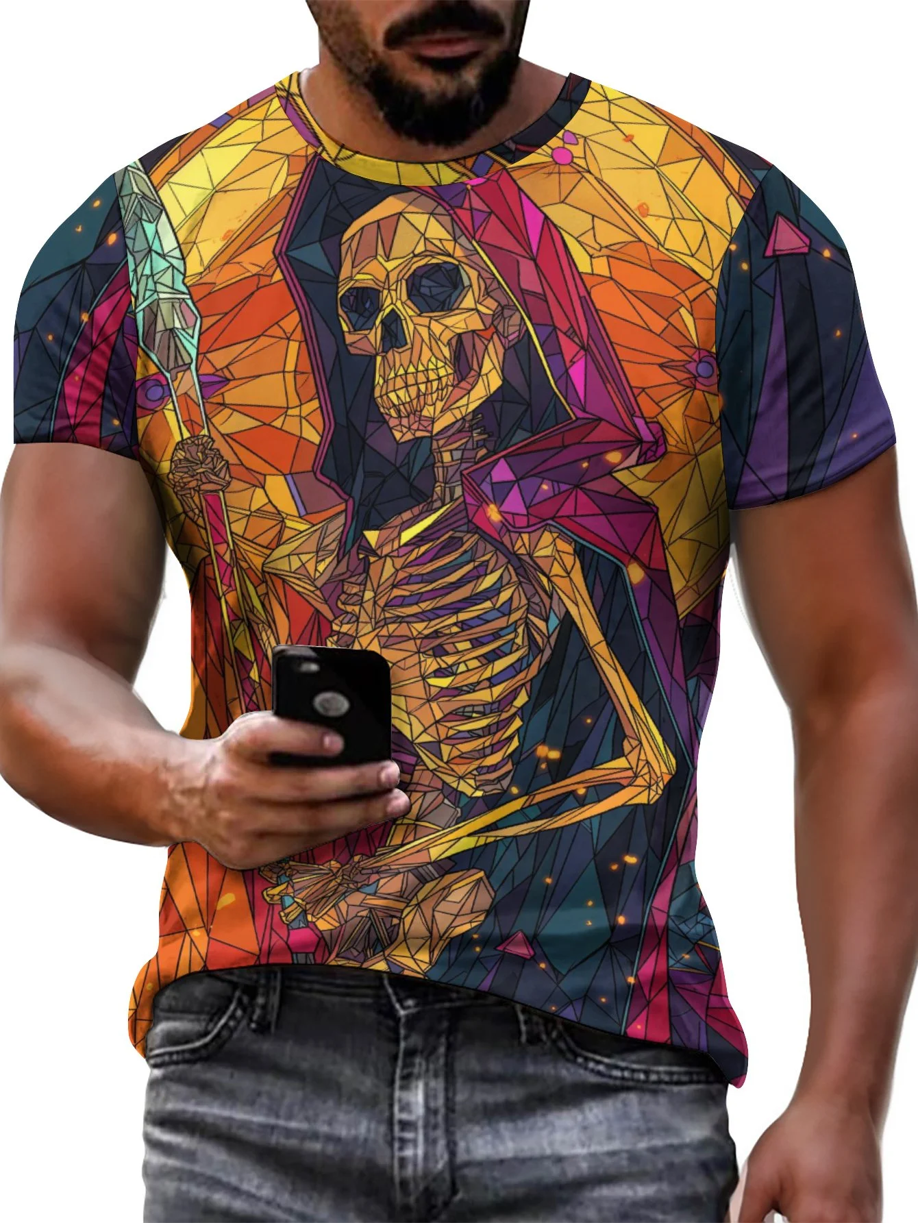 2024 New Men's 3D Graffiti Skeleton Pattern T-shirt, Casual Micro Elastic Breathable T-shirt, Summer Outdoor Men's Wear