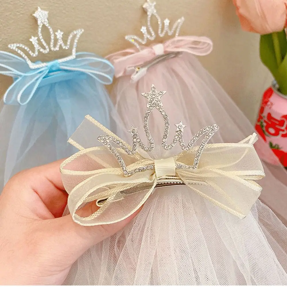 Fashion Girls Pearl Crown Hairpin Children Hairpin Veil Hair Clip Princess Hair Accessories Bow Hair Clip Cute