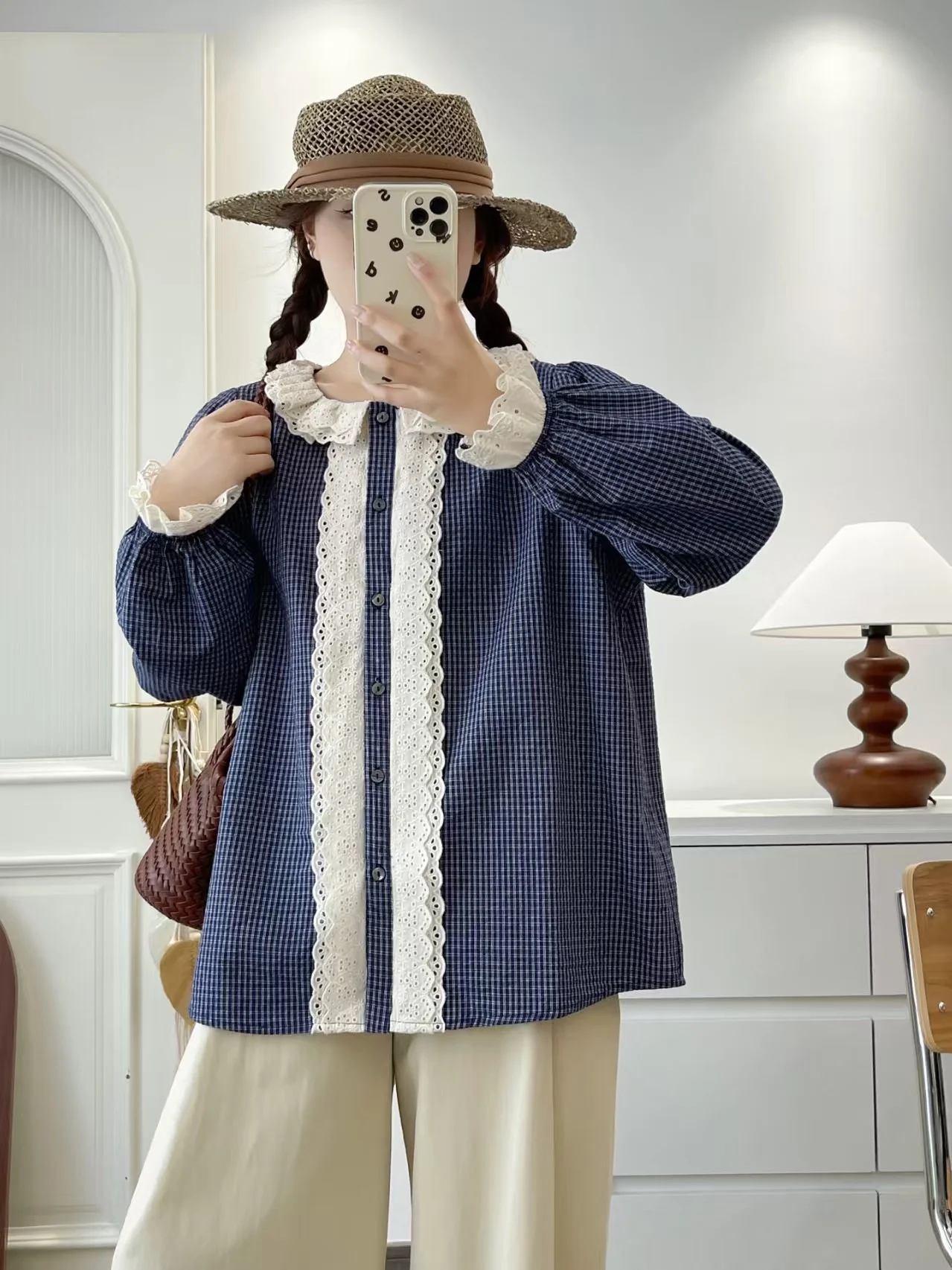 

100% Cotton Women's Blouses Large Sizes Tops Japanese Mori Girl Autumn Sweet Lace Patchwork Checkered Shirts