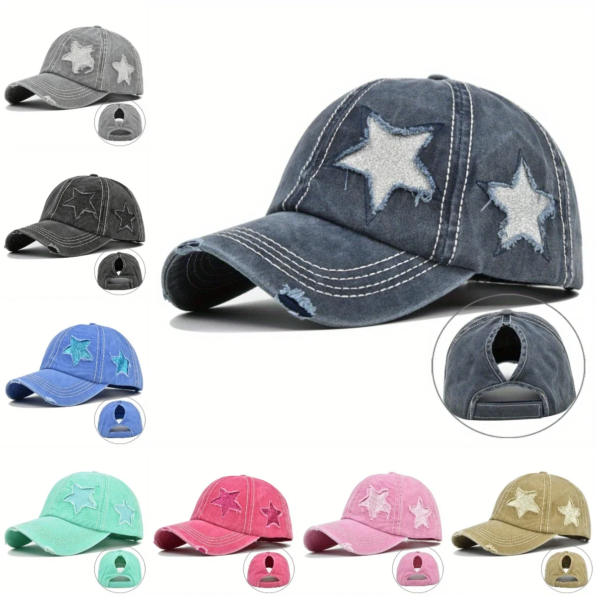 Shining Pentagram Dad Hat with Holes Fashionable Restore Ancient Ways Unisex Washed and Worn Baseball Hat Denim Hip-hop Hat