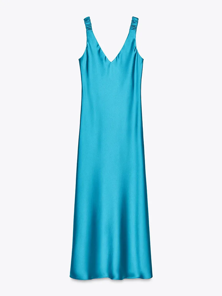 فستان نسائي أنيق من الساتان الحريري بدون أكمام من Spring New Arrival، فستان ميدي بخصر عالٍ ورقبة على شكل حرف V، قطعة واحدة