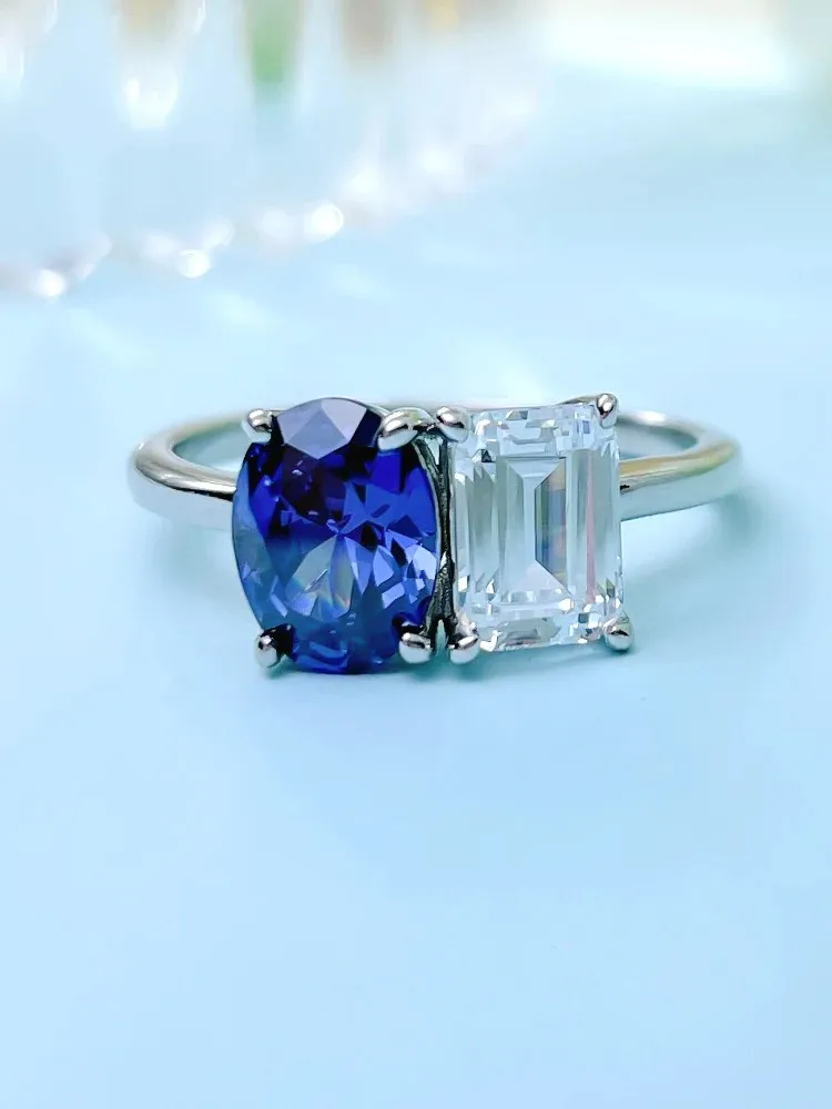 Fashion niche double stone color contrast sapphire ring with high carbon diamond, versatile and minimalist personality