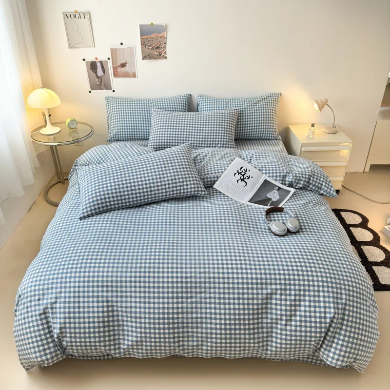 Blue Plaid Checkerboard Duvet Cover Cotton Bedding Set Geometric Grid Quilt Cover 3pcs Reversible Comforter Cover 2 Pillowcases