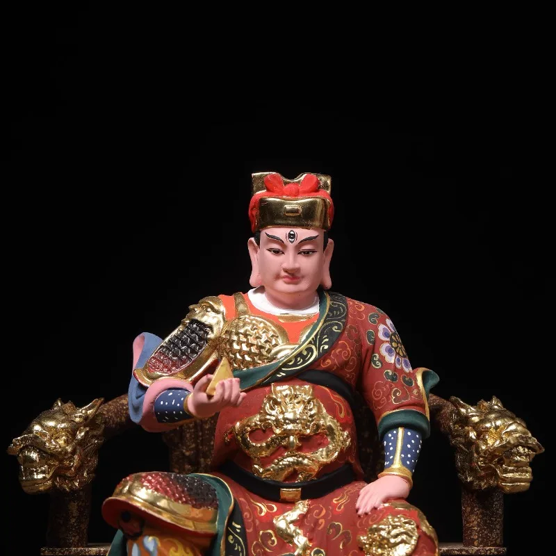 Juniper wood fine carving and painting gold-painted Huaguang Emperor Ma Wangye Vulcan three-eyed statue ornament ornament solid