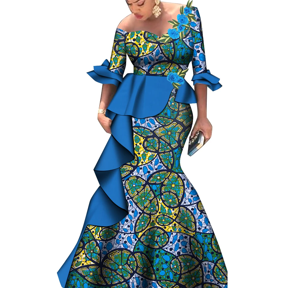 blue dress for baby girl Blue African Ankara Print Long Sleeve Fitted Party Dress –  Africanclothinghub main image 0