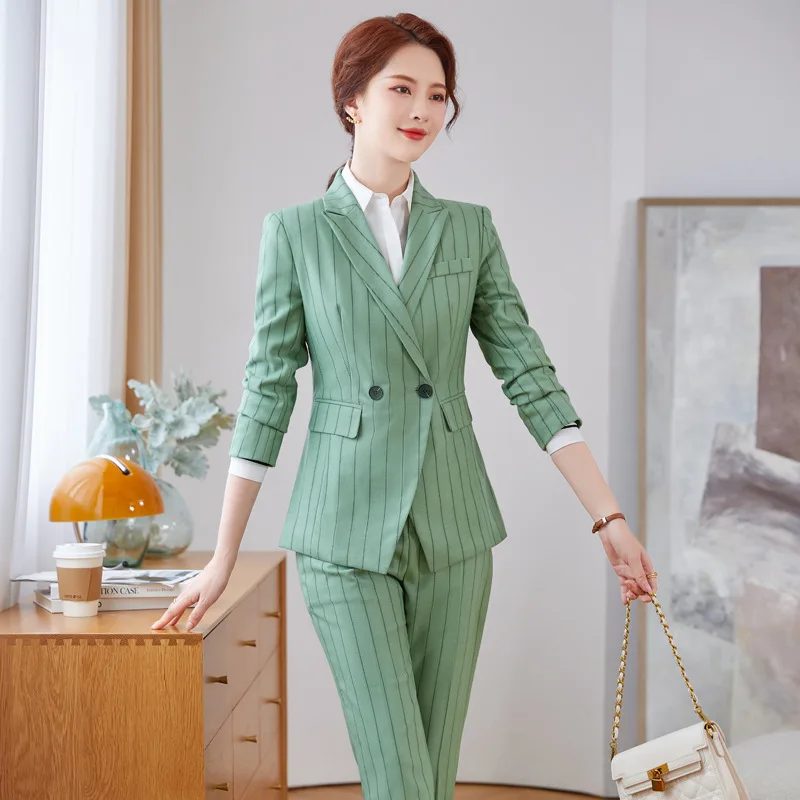 

Green Striped Fashion Suit Business Suit Goddess Temperament Autumn and Winter Fried Street Temperament Slim Fit Slim Suit