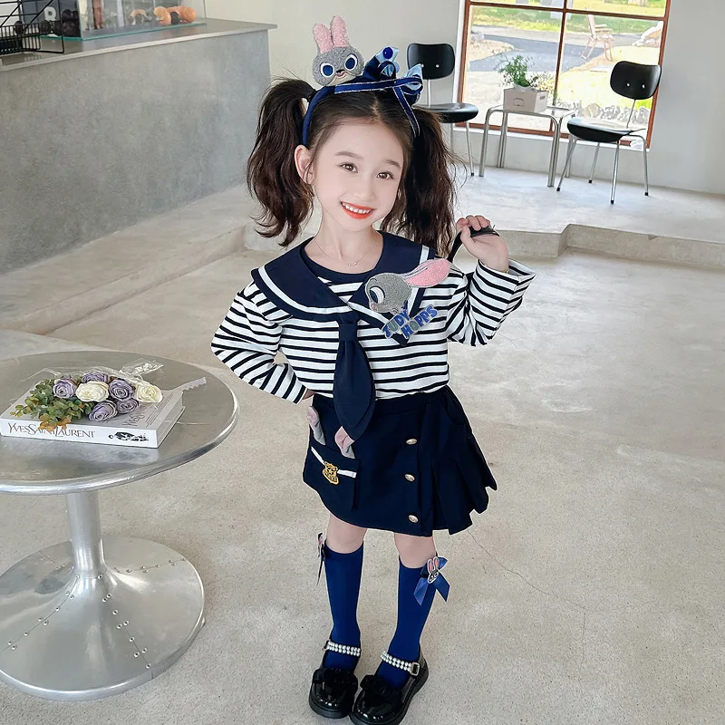 

Комплект из трех предметов с изображением кролика Джуди от Disney для девочек, корейский милый детский комплект с полосатым топом с длинными рукавами, шалью и плиссированной юбкой с героями мультфильмов