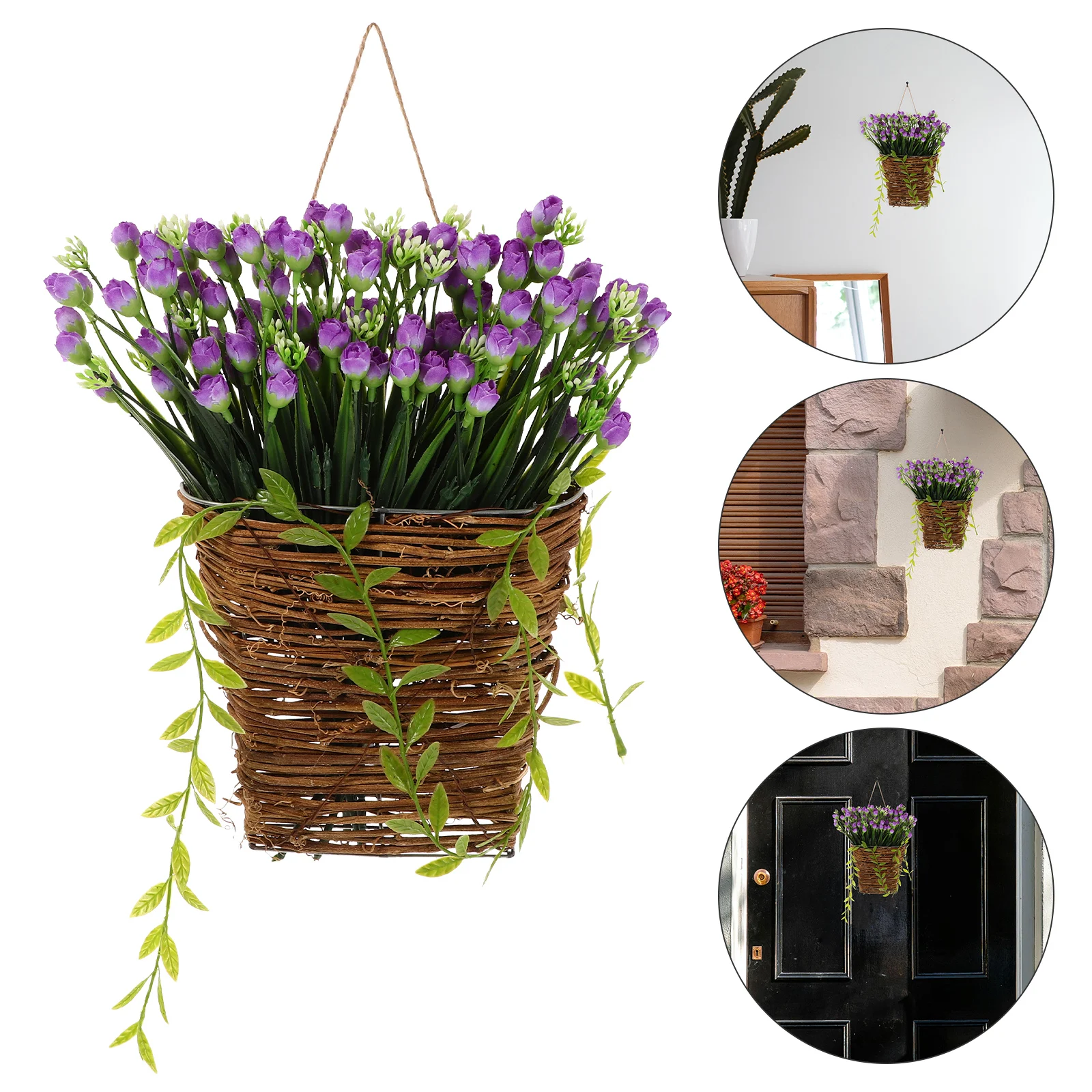 

1pcs Hanging Fall Door Hanger Basket Artificial Floral Purple Wall Hanging Front Door Decor Easy Installation No Watering