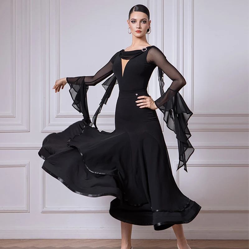 

Black Standard Ballroom Dance Costume Women Waltz Modern Dance Competition Suit Chiffon Dancing Bodysuit Training Skirt AMY1097