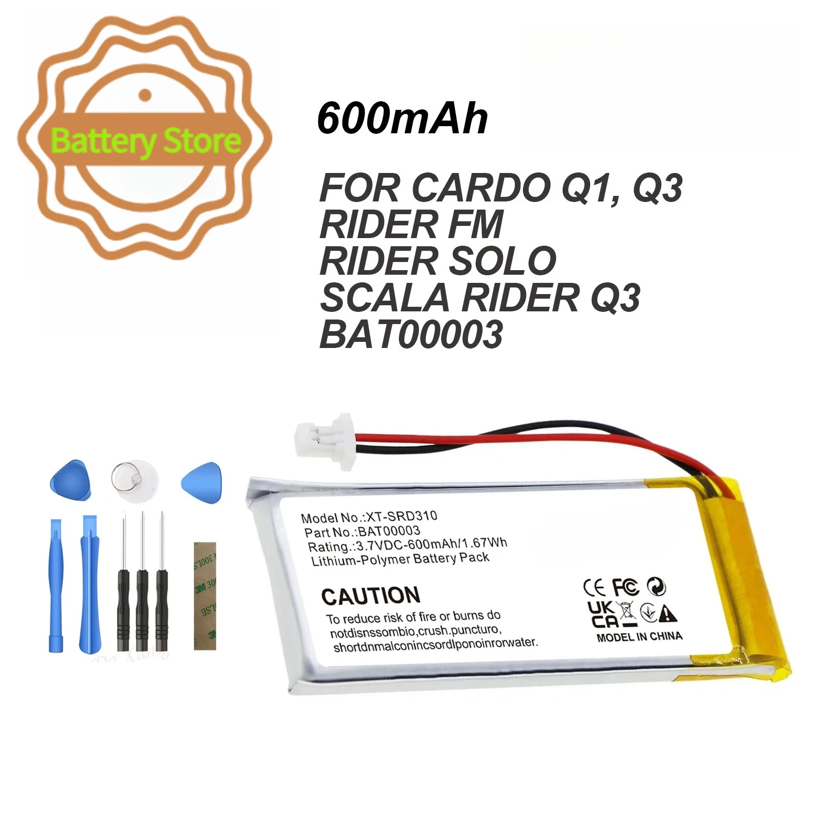 600mAh Wireless Headset Battery BAT00003 for Cardo Q1, Scala Rider Q3, Rider FM, Rider SOLO 3.7V