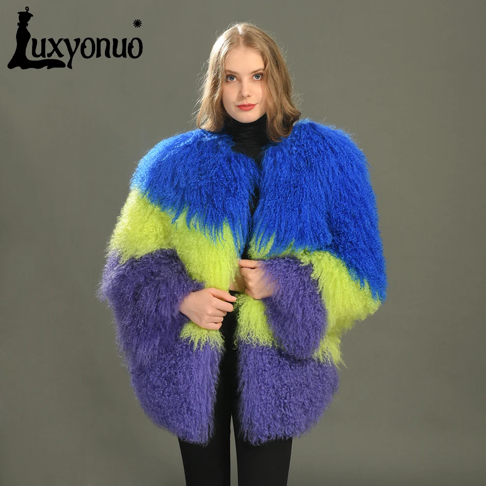 

Luxyonuo Women's Real Mongolian Sheep Fur Coat Ladies Diagonal Stripe Medium Lenght Winter Fashion Natural Fur Jacket Female New