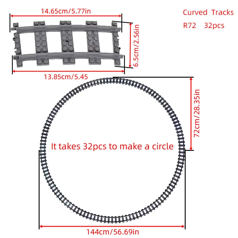 MOC Stadt Ziegel Schalter Kreuz Gabelte Gebogene Schienen Baustein Zug Schiene Kurve Gleise R56 R72 R88 R104 Kreative DIY Spielzeug – Detail 4
