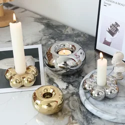 Nordic Electroplating Silver Ceramic Flower Candle Candlestick Ornaments Shooting Props Romantic Art Soft Dinner Decorations