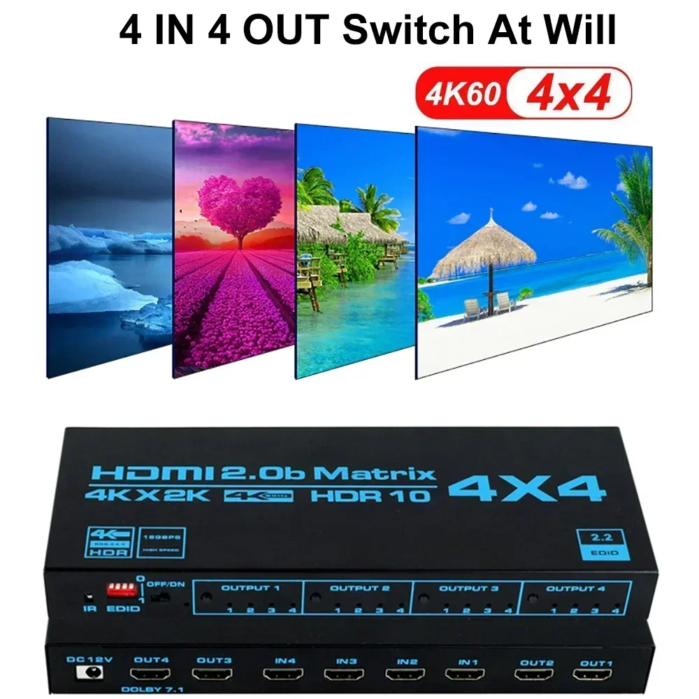 4x4 HDMI True Matrix 4K@60Hz HDR 10 HDMI2.0 Matrix Switcher Video Distributor Splitter Converter 4 In 4 Out for Camera PS4 PC TV