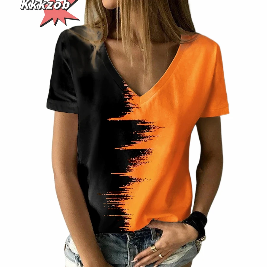 Women\'s T-Shirt Solid Color Gradient 3D Printing V-Neck Women\'s Tops Summer Women\'s Casual Fashion Loose Hundred Short-Sleeved