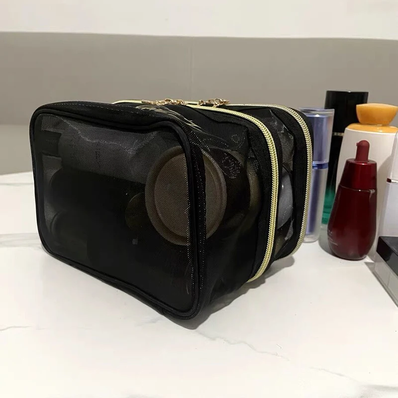 Bolsas de almacenamiento de malla de doble capa, estuche de cosméticos de maquillaje negro de gran capacidad, estuche de aseo informal, organizador