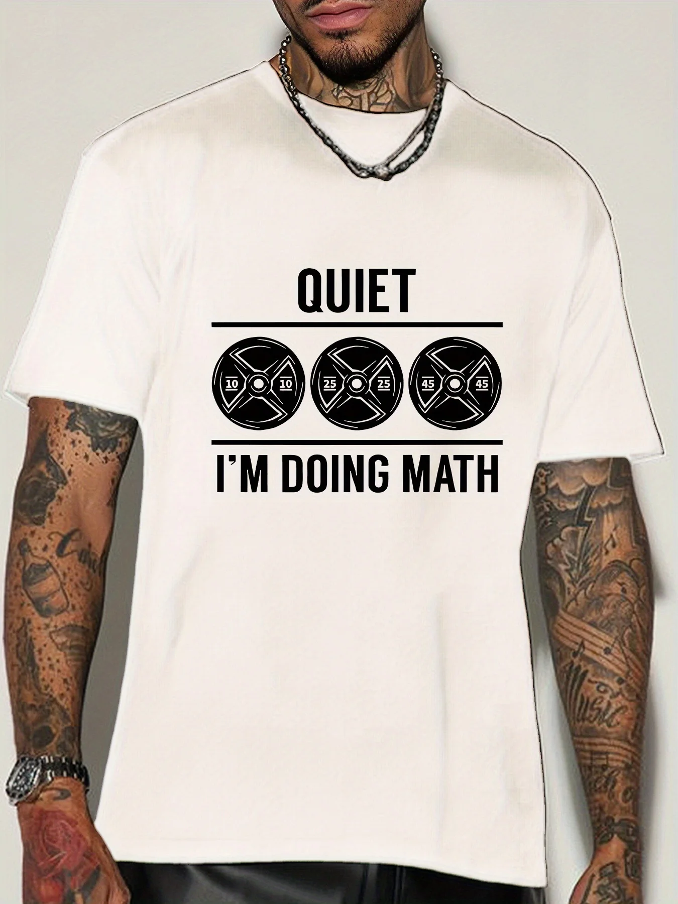 Gym Fitness Mens Crew Neck Cotton T Shirt Weight Plate Quiet I Am Doing Math Slogan Print Short Sleeve Training Casual Top