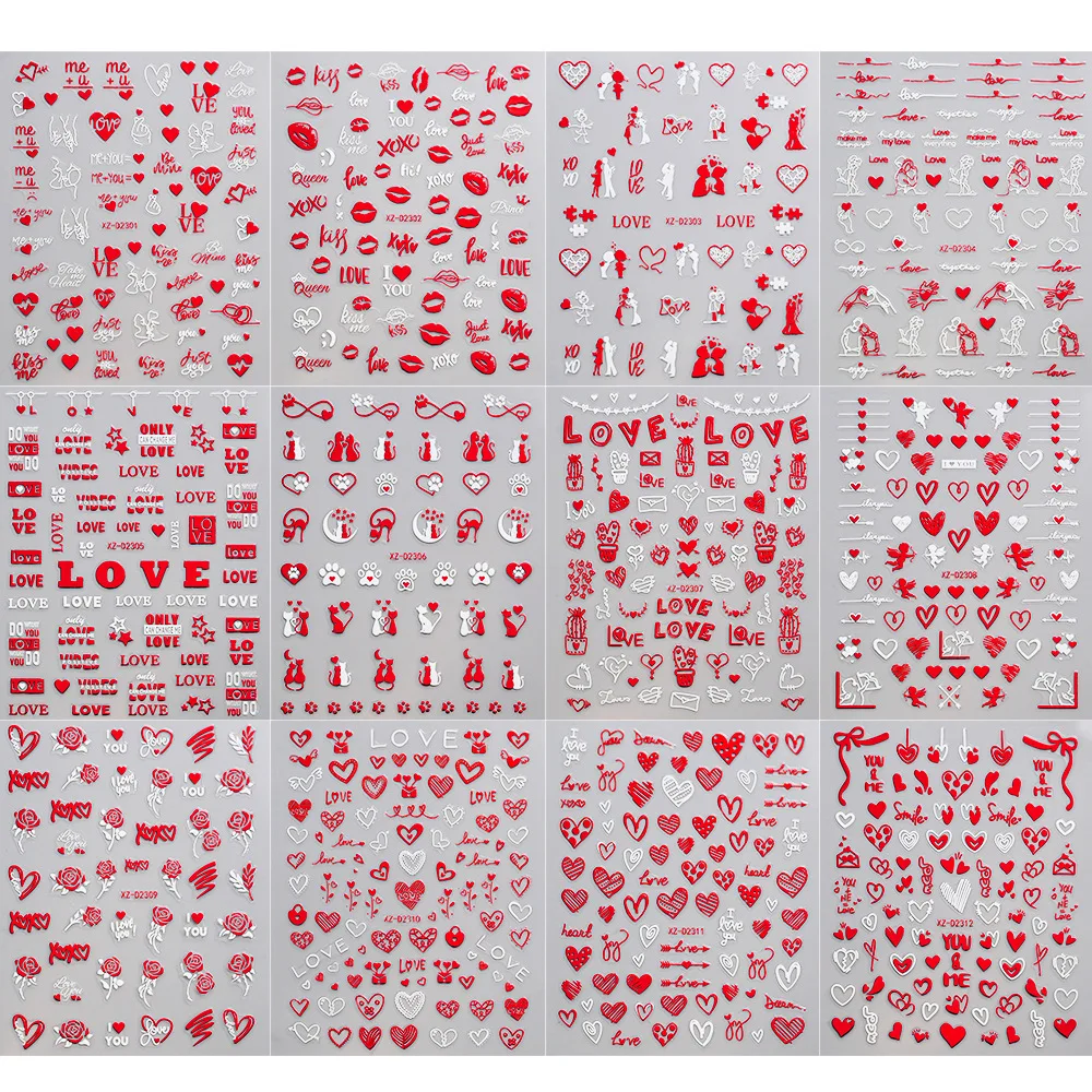 Valentine's Day 3D Nail Art Stickers, Red Heart Love Letter Self-Adhesive Nail Decals, Romantic Manicure Decor