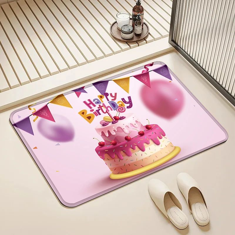 

Happy Birthday Doormat Pink Cherry Cake Balloons Non-Slip Floor Mat Home Entrance Door Rug Party Decor Supplies