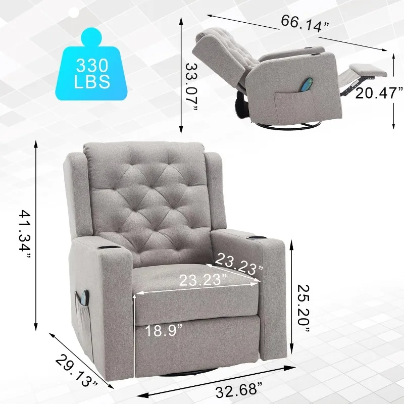home.330lbs Oversized Swivel Rocker Recliner Chairs Wide Seat Grey Fabric Reclining Rocking Glider Chair with Cup Holders, Heavy
