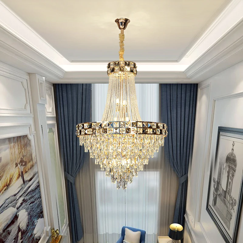 

Luxury Villa New Smart Dimming Crystal Chandelier Duplex Building Living Room High-end Atmospheric Bollow Staircase Pendant