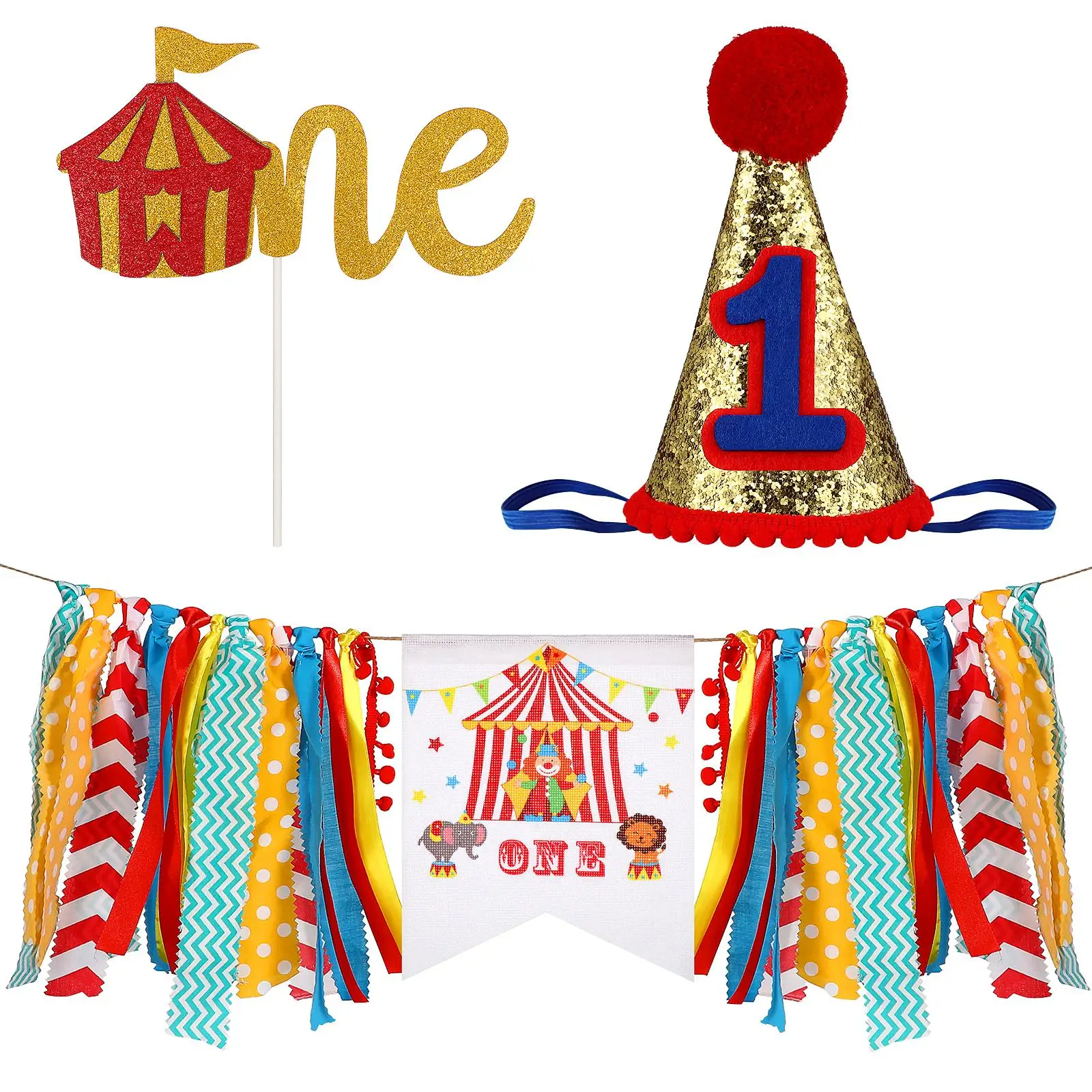3 Pcs Carnival Birthday Party Banner Circus Theme Number One Year Old Decorations