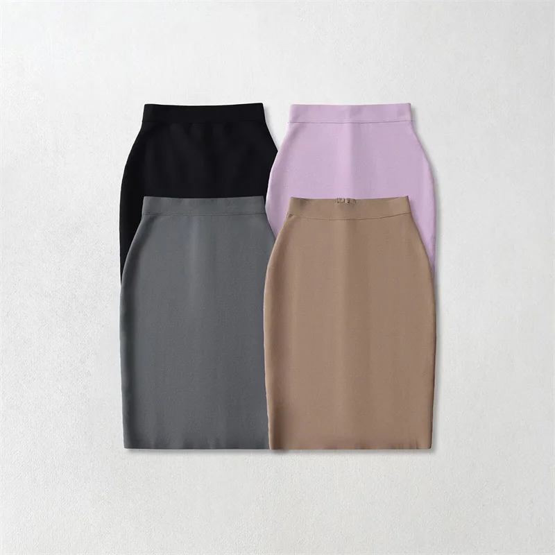 

High Elastici Knitted Sweater Design Mid-Length Color Asymmetrical Skirt Women's Busin Casual Straight Cut Skirt