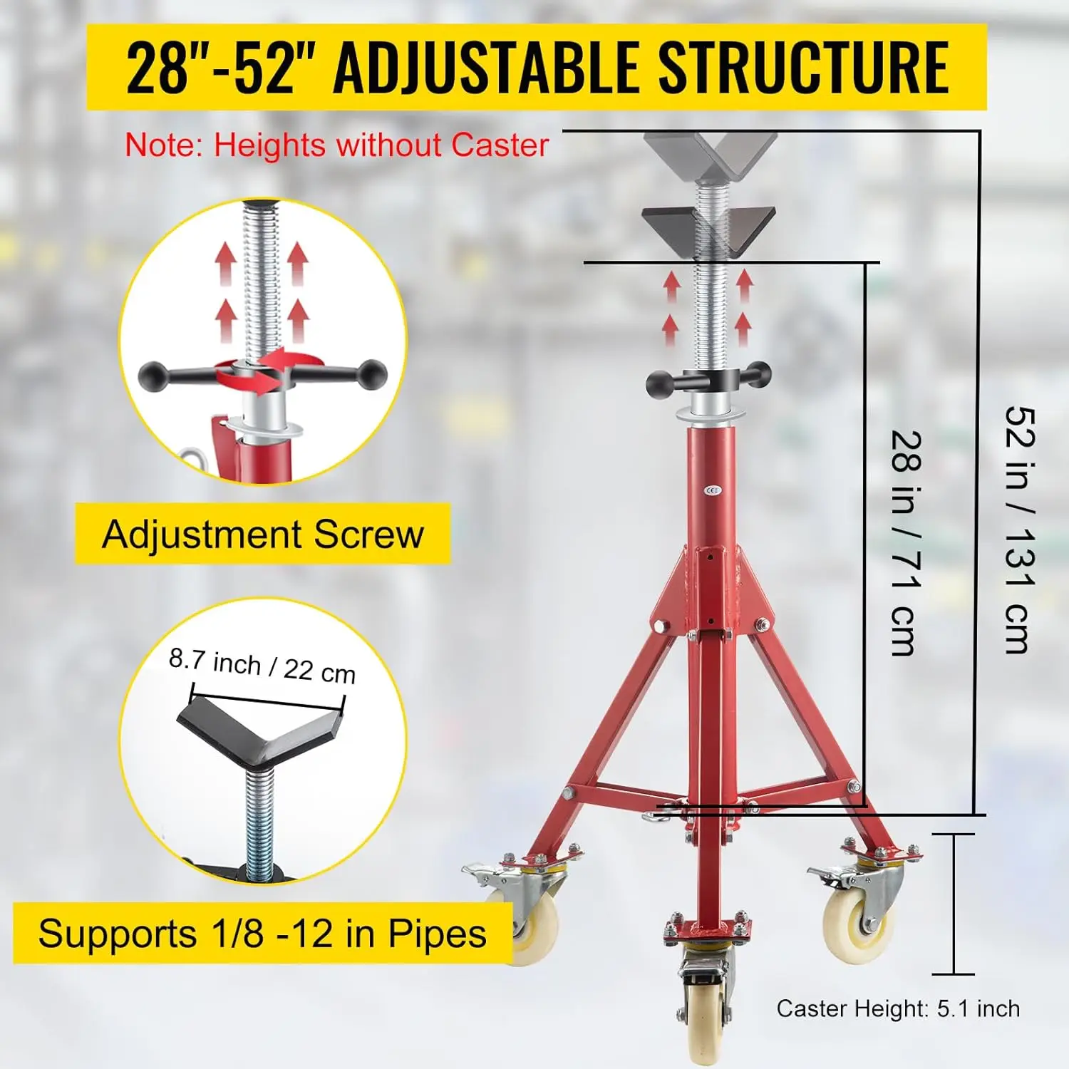 Pie Stand, ipe Jack Stands with Casters Adjustable Height 28-52 Inch,V Head Pip Stand 882 LB,Folding Portable ipe Stands 1/8